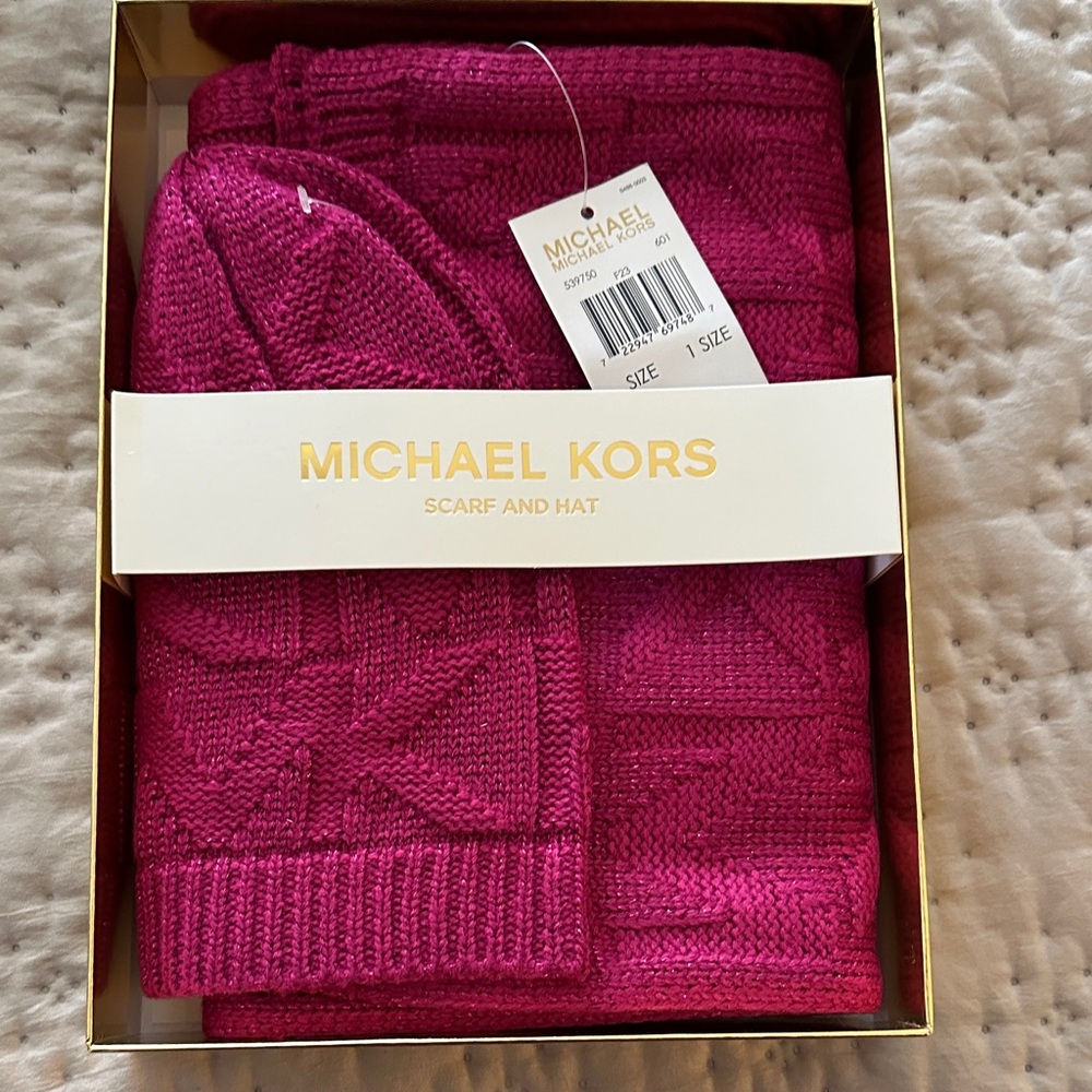 Michael Kors Fuchsia Scarf and Hat Set